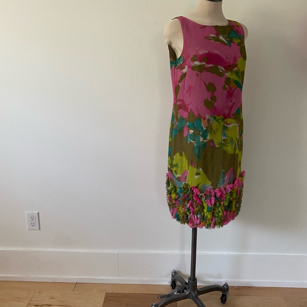 Taylor Pink and Olive Green Abstract Midi Dress with Textured Hem